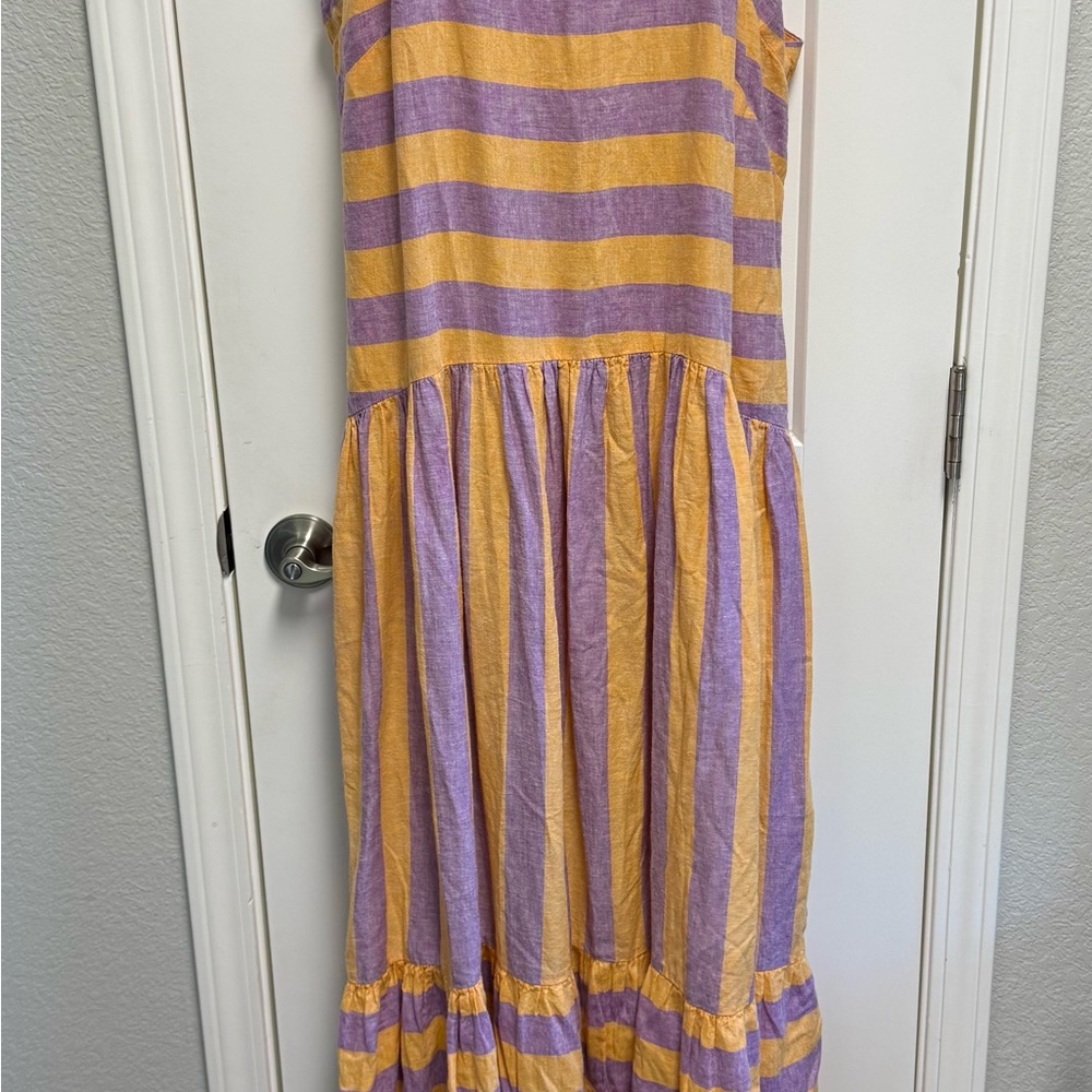 NWT Anthropologie Women’s Striped Purple and Mustard Yellow Ruffle Hem Dress